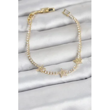 Pirinç Gold Renk Minimal Yıldız Model Zirkon Taşlı Su Yolu Kadın Bileklik