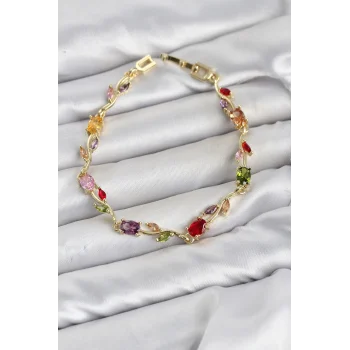 Pirinç Gold Renk Mix Renk Zirkon Taşlı Çiçek Model Kadın Bileklik