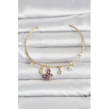 Pirinç Gold Renk Mor Kelebek Detaylı Charmlı Kadın Bileklik