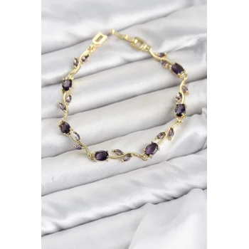 Pirinç Gold Renk Mor Zirkon Taşlı Çiçek Model Kadın Bileklik