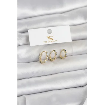 Pirinç Gold Renk Nazarlı Model 3lü Kadın Küpe