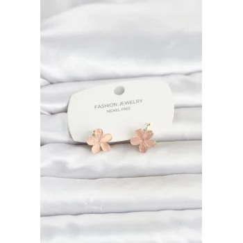 Pirinç Gold Renk Pembe Çiçek Model Çocuk Küpe