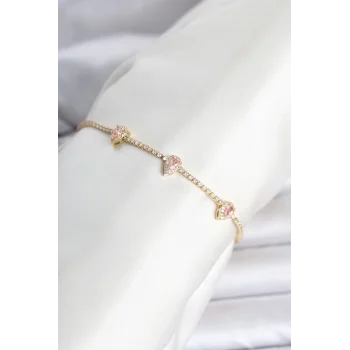 Pirinç Gold Renk Pembe Damla Taş Detaylı Kadın Su Yolu Bileklik