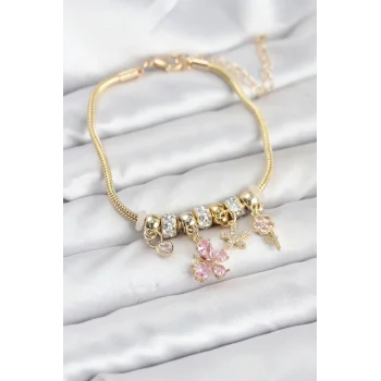 Pirinç Gold Renk Pembe Kelebek Charmlı Kadın Bileklik