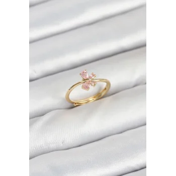 Pirinç Gold Renk Pembe Kelebek Kadın Yüzük