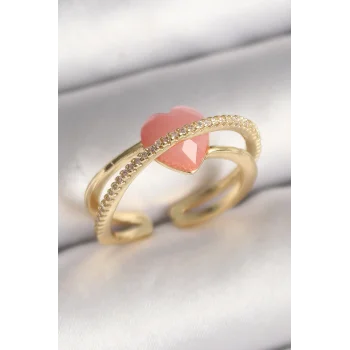 Pirinç Gold Renk Pembe Kristal Kalp Model Zirkon Taş Detaylı Kadın Yüzük