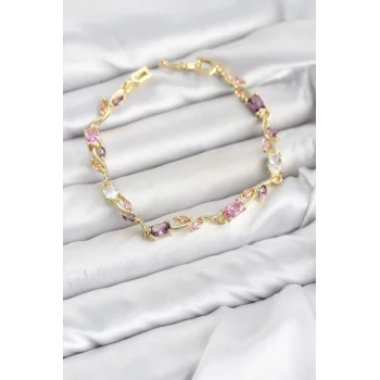 Pirinç Gold Renk Pembe ve Mor Zirkon Taşlı Çiçek Model Kadın Bileklik