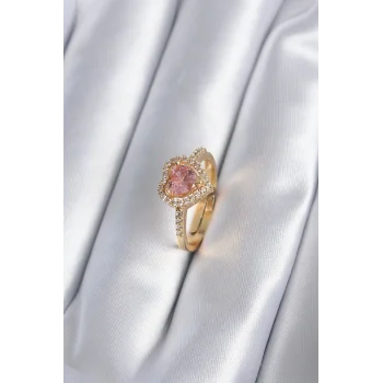 Pirinç Gold Renk Pembe Zirkon Taş Kalp Charm Model Kadın Yüzük