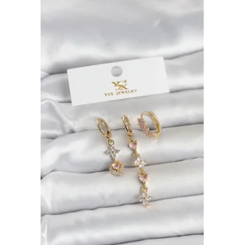 Pirinç Gold Renk Pembe Zirkon Taşlı 3lü Kadın Küpe