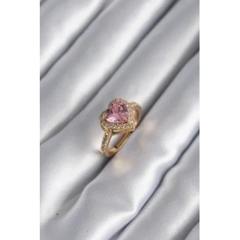 Pirinç Gold Renk Pembe Zirkon Taşlı Charm Kalp Model Kadın Yüzük