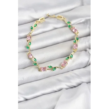 Pirinç Gold Renk Pembe Zirkon Taşlı Çiçek Model Kadın Bileklik