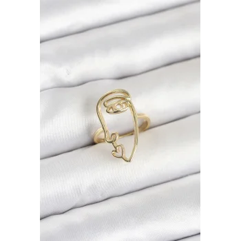 Pirinç Gold Renk Picasso Tarzı Tek Çizgi Yüz Model Kadın Yüzük
