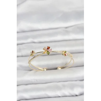 Pirinç Gold Renk Renkli Çiçek Model Kadın Bileklik