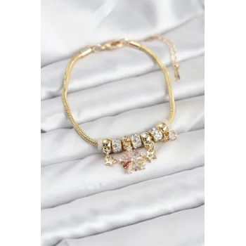 Pirinç Gold Renk Renkli Yıldız Charmlı Kadın Bileklik