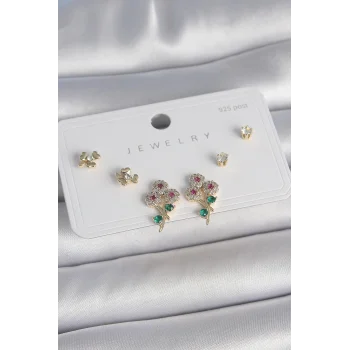 Pirinç Gold Renk Renkli Zirkon Taşlı Çiçek Model Yaprak Detay 925 Ayar Gümüş Çivi Kadın Küpe Seti