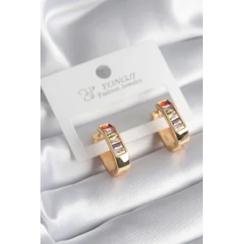 Pirinç Gold Renk Renkli Zirkon Taşlı Kadın Küpe
