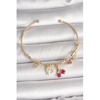 Pirinç Gold Renk Sallantı Kırmızı Zirkon Taşlı Kiraz Figür Charm Kadın Bileklik