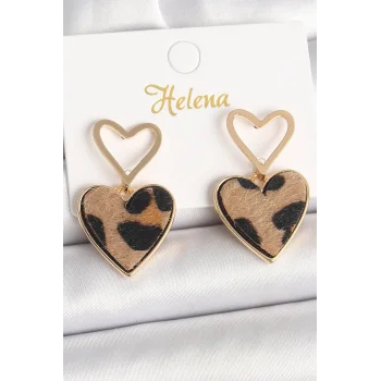 Pirinç Gold Renk Sallantı Leopar Kalp Model Kadın Küpe