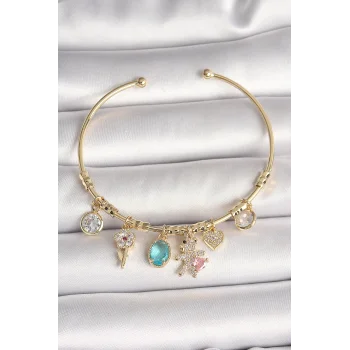 Pirinç Gold Renk Sallantı Zirkon Taşlı AYıcık Figür Kalp Detay Charm Kadın Bileklik