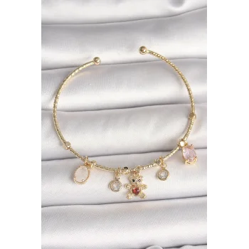 Pirinç Gold Renk Sallantı Zirkon Taşlı Ayıcık Figür Kırmızı Kalp Detay Charm Kadın Bileklik