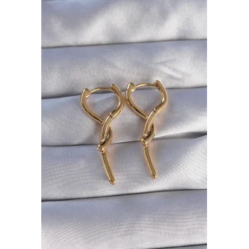 Pirinç Gold Renk Sarmal Çubuk Tasarımlı Uzun Küpe