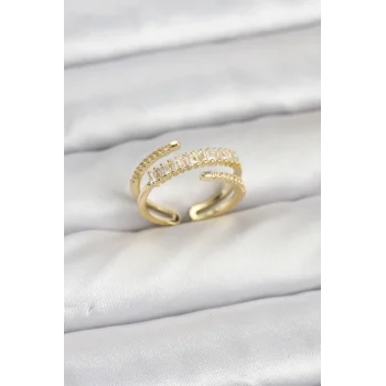 Pirinç Gold Renk Sıralı Baget Zirkon Taşlı Kadın Yüzük