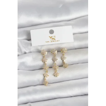 Pirinç Gold Renk Sıralı Kutup Yıldızı Model 3lü Kadın Küpe