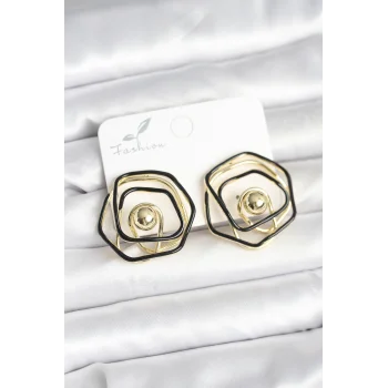 Pirinç Gold Renk Siyah Mineli Geometrik Gül Model Kadın Küpe