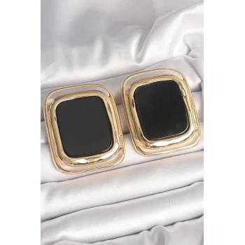 Pirinç Gold Renk Siyah Mineli Kare Model Kadın Küpe