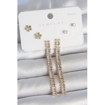 Pirinç Gold Renk Su Yolu Zirkon Taşlı Sallantı Model Çiçek Detay 925 Ayar Gümüş Çivi Kadın Küpe Seti