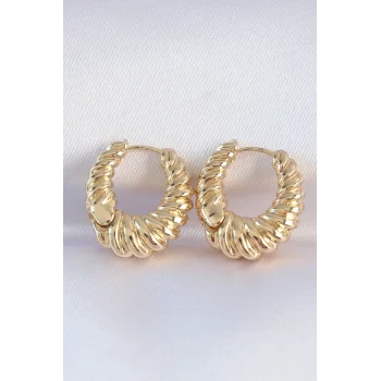 Pirinç Gold Renk Tırtık Detay Bombeli Halka Küpe