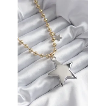 Pirinç Gold Renk Topçuk Zincir Gümüş 3D Yıldız Model Yıldız Detay VİP Kadın Kolye