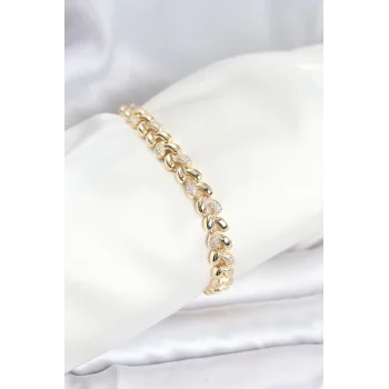 Pirinç Gold Renk VIP Seri Sarmal Damla Model Zirkon Taşlı Kadın Bileklik