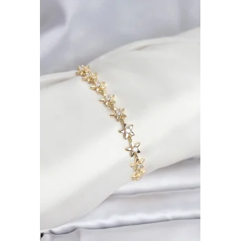 Pirinç Gold Renk VIP Seri Sıralı Taşlı Yıldız Model Zirkon Taşlı Kadın Bileklik