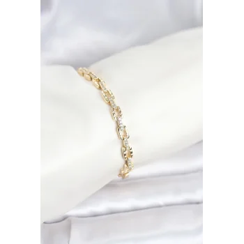 Pirinç Gold Renk VIP Seri Zincir Model Zirkon Taşlı Kadın Bileklik