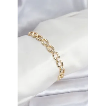 Pirinç Gold Renk VIP Seri Zincir Model Zirkon Taşlı Kadın Bileklik