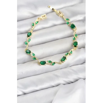 Pirinç Gold Renk Yeşil Zirkon Taşlı Çiçek Model Kadın Bileklik