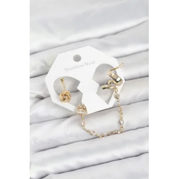 Pirinç Gold Renk Yılan Model Zincir Bağlantılı Ear Cuff Küpe Seti