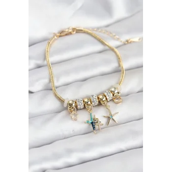Pirinç Gold Renk Yıldız Model Charmlı Kadın Bileklik