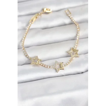 Pirinç Gold Renk Yıldız Model Zirkon Taşlı Su Yolu Kadın Bileklik