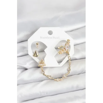 Pirinç Gold Renk Yıldızlı Model Zincir Bağlantılı Ear Cuff Küpe Seti