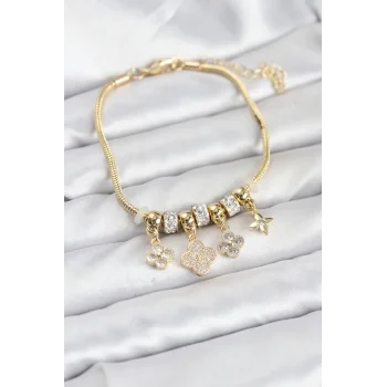 Pirinç Gold Renk Yonca Model Kadın Bileklik