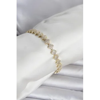 Pirinç Gold Renk Yonca Model Sıralı Zirkon Taşlı Kadın Bileklik