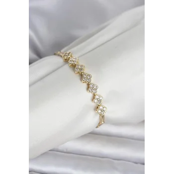 Pirinç Gold Renk Yonca Model Zirkon Taşlı Kadın Bileklik