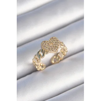 Pirinç Gold Renk Zincir Kordon Zirkon Taşlı Kalp Model Kadın Yüzük