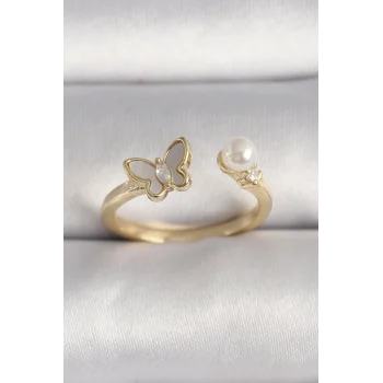 Pirinç Gold Renk Zirkon Taş Detaylı Beyaz Mineli Kelebek Model İnci Detay Ayarlanabilir Yüzük