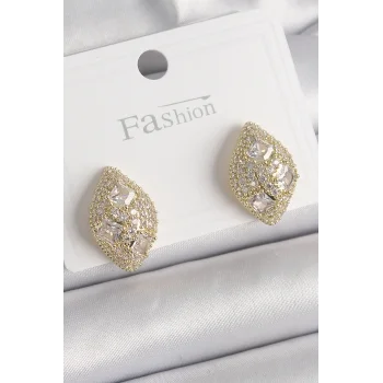 Pirinç Gold Renk Zirkon Taş İşlemeli Damla Model Kadın Küpe