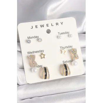 Pirinç Gold Renk Zirkon Taş Yıldız Detaylı İncili 7Li Set Kadın Küpe Seti