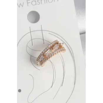 Pirinç Gold Renk Zirkon Taşlı 3Lü Sıralı Model Kadın Kıkırdak Küpe