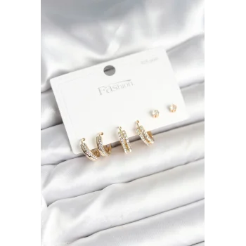 Pirinç Gold Renk Zirkon Taşlı 925 Gümüş Çivili Kadın Küpe Seti